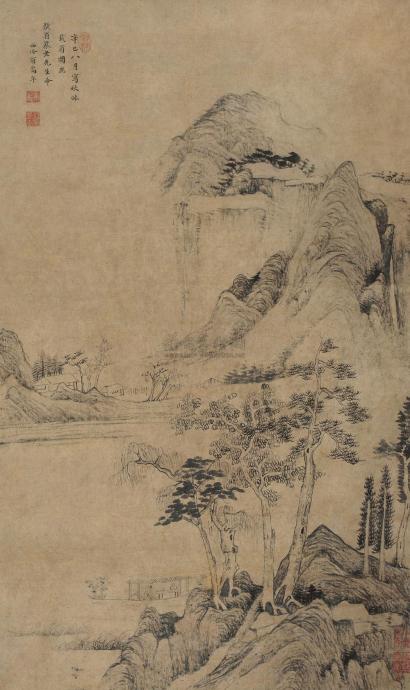 翁嵩年 辛巳（1701年）作 秋林载菊图 立轴