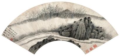 龚贤 疏林暮雨 扇面