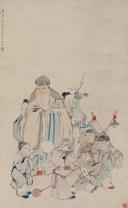 华冠 辛未（1811年）作 子孙满堂 立轴