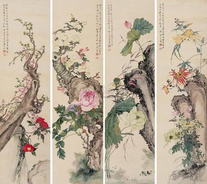 汤世澍 花卉 四屏