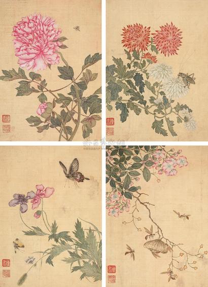 陈书 （款） 草虫花卉 （四帧） 镜心