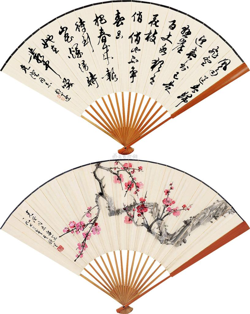 王叶 胡问遂 花卉 书法 成扇