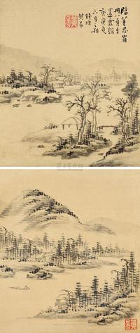 黄易 山水册 绢本册页 （八开选二）