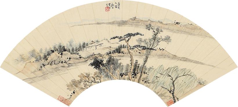 李育 山水 扇片连框