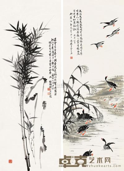 钱衡同 知笙 竹石 芦雁 （二件） 镜片 尺寸不一