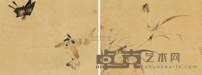 冯君道 （印款） 草虫 （二件） 屏轴 23×30cm×2