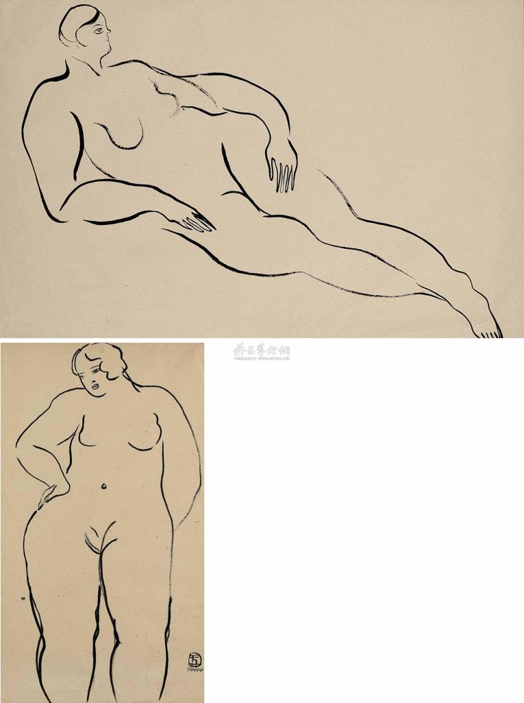 常玉 约1930年作 裸女 （两件） 墨纸本