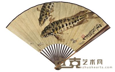 赵少昂 杨善深 CARP； FISHES folding fan 18.8×49cm