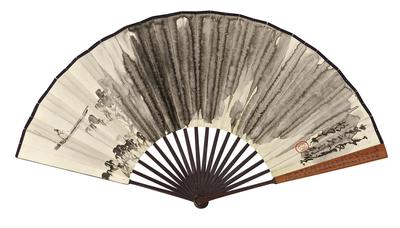 赵少昂 BOATING IN THE MIST； CALLIGRAPHY IN XINGSHU folding fan