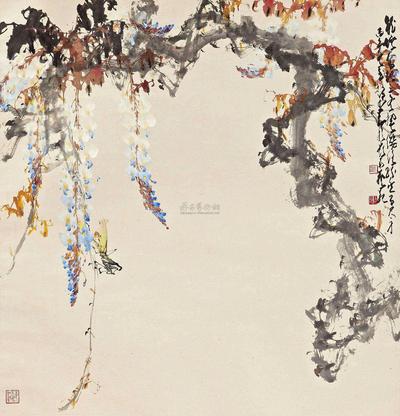 赵少昂 WISTERIA AND GRASSHOPPER hanging scroll