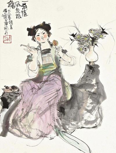 程十发 LADY AND AUTUMN LEAVES framed