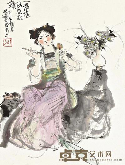 程十发 LADY AND AUTUMN LEAVES framed 46×35cm
