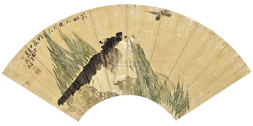 任颐 CAT AND BUTTERFLY fan leaf，framed