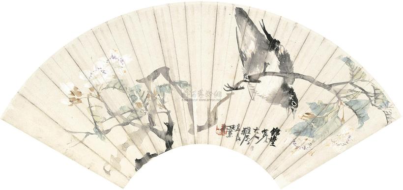 任薰 BIRD AND PEAR BLOSSOMS fan leaf，framed