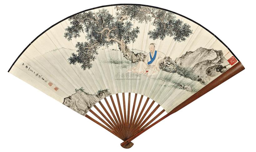 陈少梅 SCHOLAR UNDER THE CYRPESS TREE folding fan