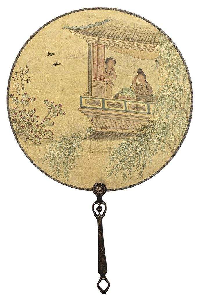 任颐 LADIES AT THE PAVILION； FLOWERS AND BIRDS circular fan leaf