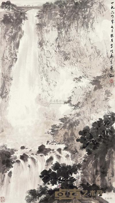 傅抱石 GAZING AT THE WATERFALL hanging scroll 96.5×54.5cm