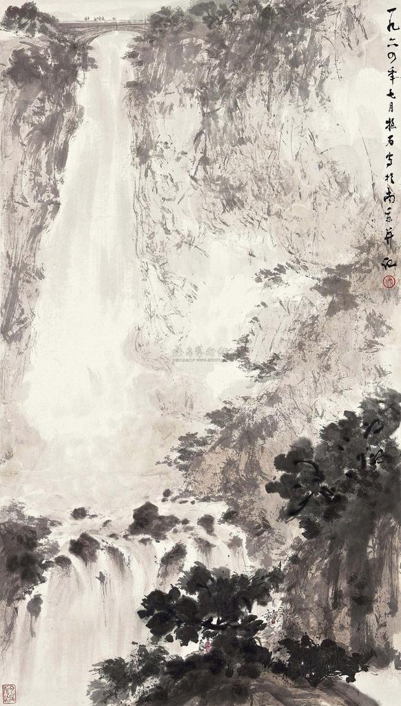 傅抱石 GAZING AT THE WATERFALL hanging scroll
