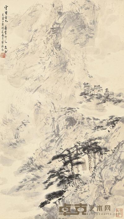 傅抱石 TEMPLE IN THE MOUNTAIN hanging scroll 68×38.5cm