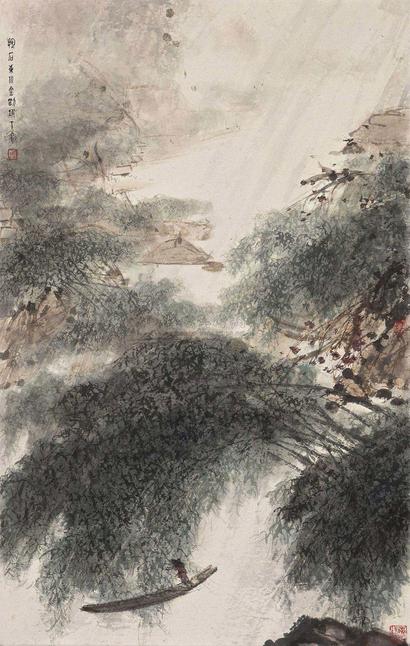 傅抱石 BOATING UNDER THE WILLOWS hanging scroll