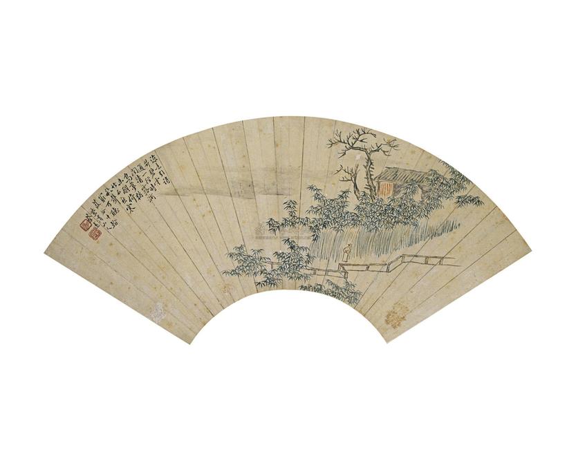 蔡远 LATE MING；EARLY QING DYNASTY A FIGURE AND HUT IN A BAMBOO GROVE fan painting