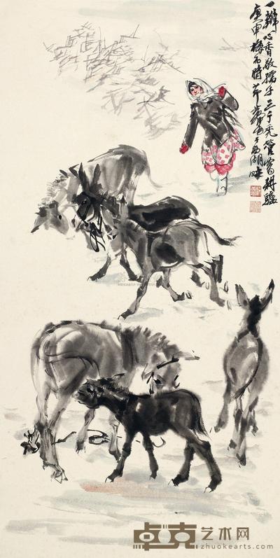 黄胄 1980年作 耕驴图 镜片 130×65cm