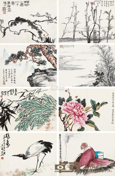 潘天寿 诸乐三 朱醉竹 吴茀之 余任天 等 1958年作 移山作寿图册 册页 （十六开选八） 21×27cm×16