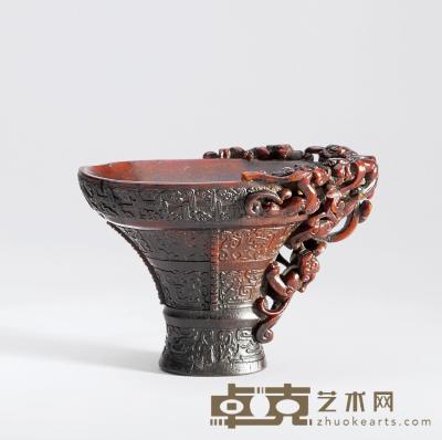 明 犀角雕青铜纹螭龙杯 口径13cm；高9cm