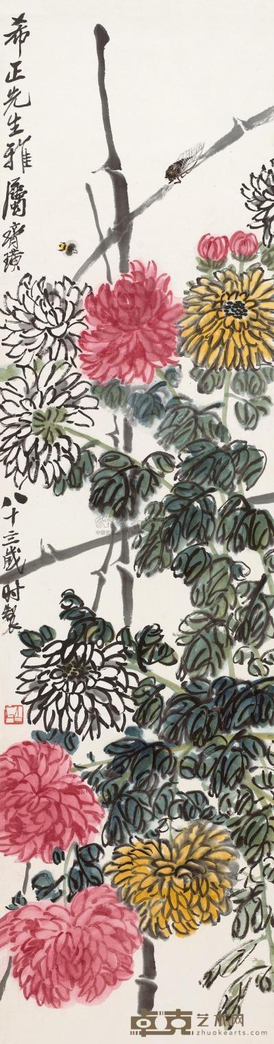 齐白石 1944年作 菊花草虫 镜片 128×34cm