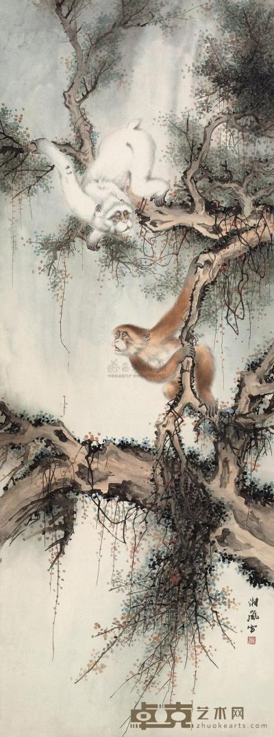 戈湘岚 林瀑猿戏 镜框 130×48cm