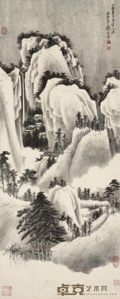 谢稚柳 1947年作 幽岩雪霁图 镜片 82×33cm
