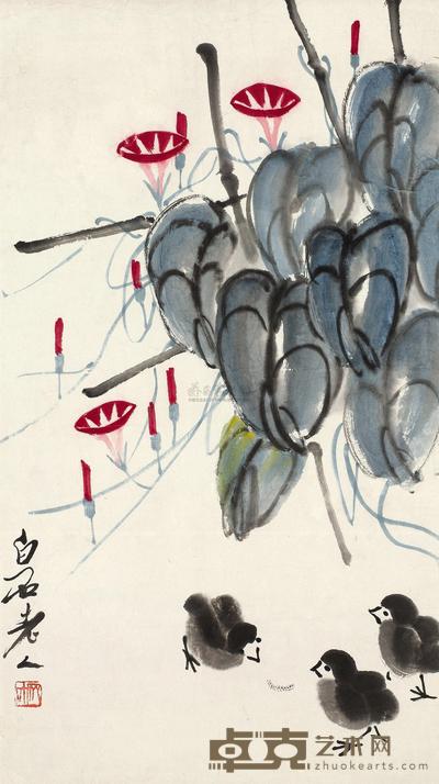 齐白石 牵牛小鸡 立轴 63×36cm