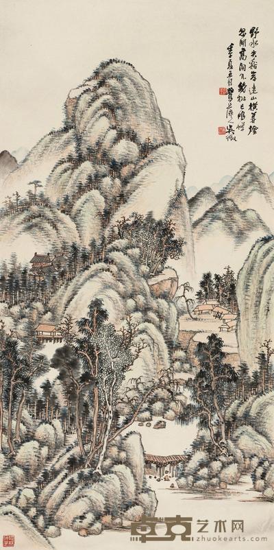 吴徵 1942年作 野溪暮烟 立轴 106×52cm