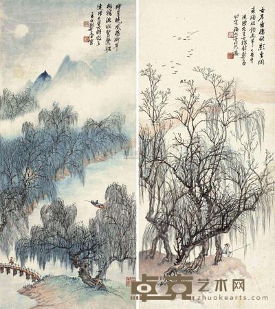 郑午昌 1947年作 古岸垂柳 （二件） 立轴 65×29cm×2