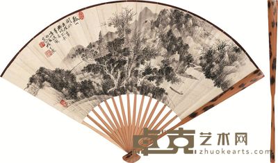 祁大夔 马公愚 1951年作 溪山闲棹、书法 成扇 18.5×51cm