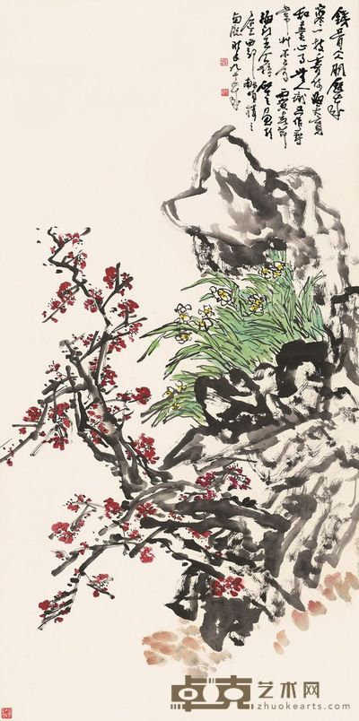 王个簃 1986年作 双清图 立轴 136×67cm