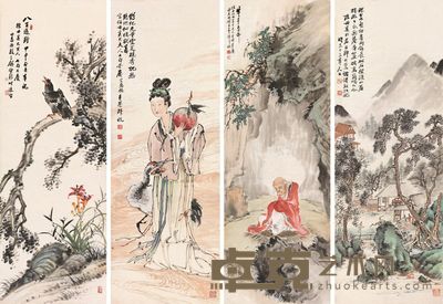 诸建秋 孙葆义 陈负苍 钱钟瑚 1944年作 祝寿 四屏 117×41cm×4