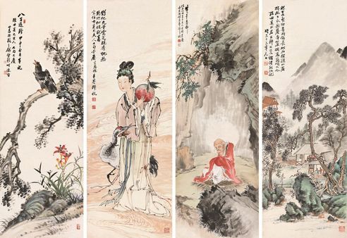 诸建秋 孙葆义 陈负苍 钱钟瑚 1944年作 祝寿 四屏