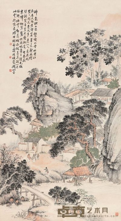 钱松嵒 山村清话图 立轴 145×80cm