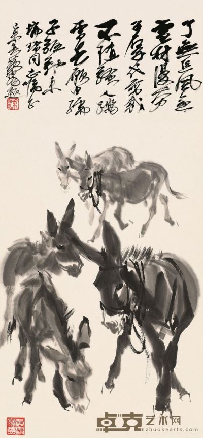 黄胄 1979年作 五驴图 镜片 96×44cm
