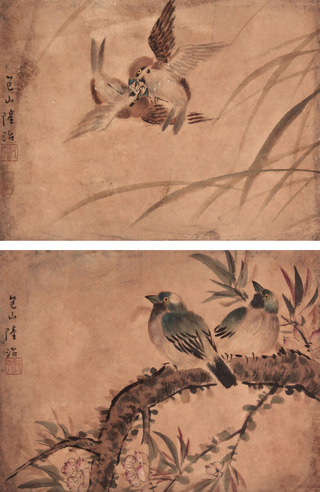 陆治 花鸟双挖立轴