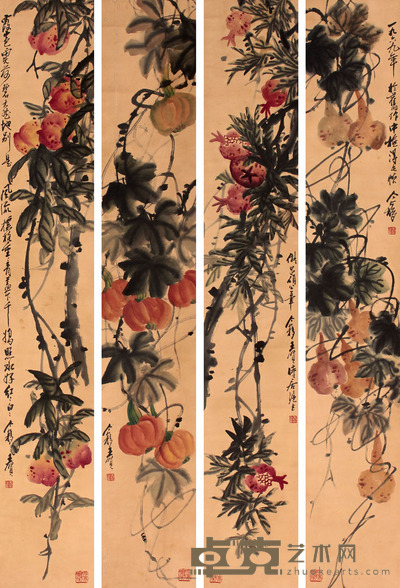 王个簃 花卉蔬果四屏立轴 135×22×4