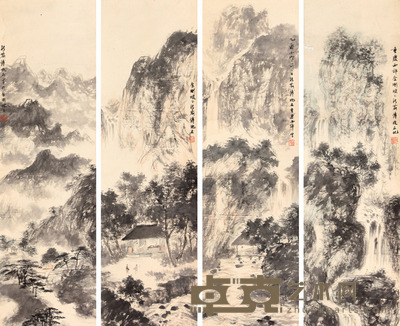 傅抱石 山水四屏立轴 78×23×4