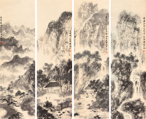 傅抱石 山水四屏立轴