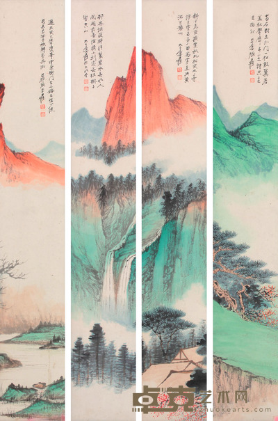 张大千 山水四屏镜框 67×11×4