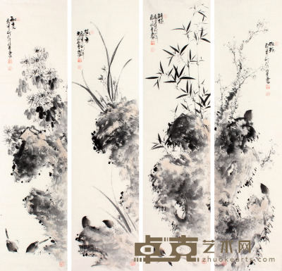 陈丹青 花卉四屏镜片 131×33×4