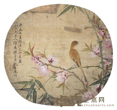 魏士凤 庚辰（1880）年作 花鸟团扇 团扇片 直径24.5cm