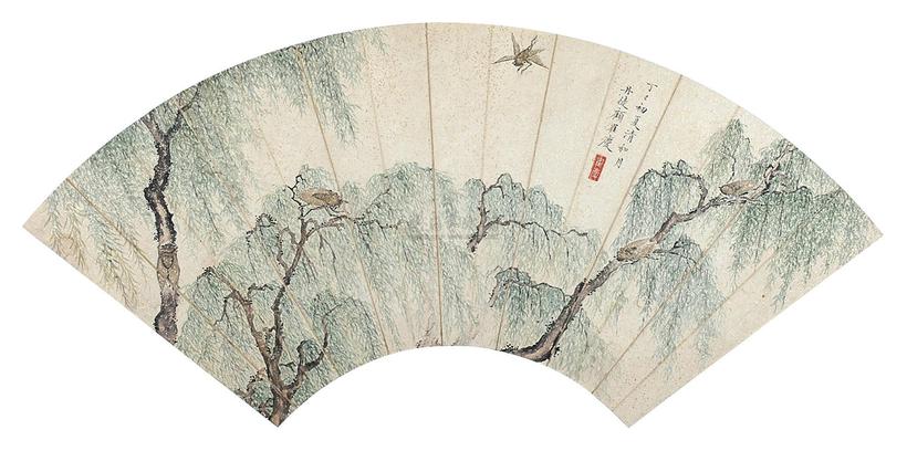 顾鹤庆 蝉柳 扇片
