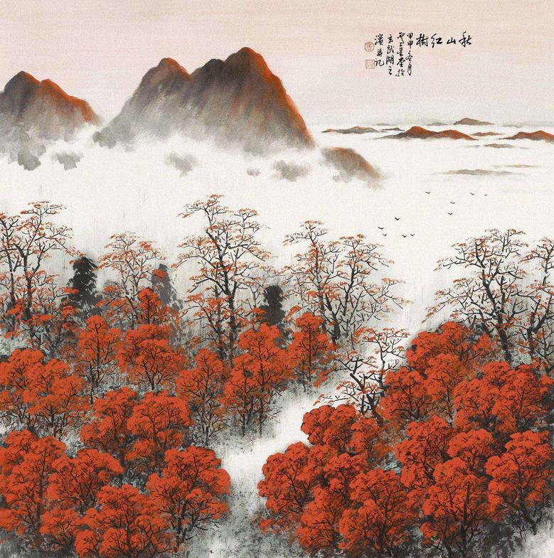 卢星堂 秋山红树图 镜心