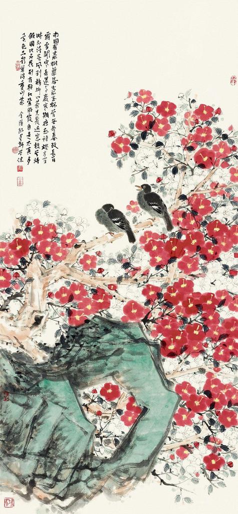 柳学健 山茶双禽 镜心
